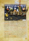 Miniature from Hafiz-i Abru’s Majma al-tawarikh. “Noah’s Ark”
Iran (Afghanistan), Herat; c. 1425. Timur’s son Shah Rukh (1405-1447) ordered the historian Hafiz-i Abru to write a continuation of Rashid al-Din’s famous history of the world, Jami al-tawarikh. Like the Il-Khanids, the Timurids were concerned with legitimizing their right to rule, and Hafiz-i Abru’s “A Collection of Histories” covers a period that included the time of Shah Rukh himself.