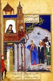 The Sufi poet Farid al-din Attar’s Conference of the Birds is a frame story whose central figure, a hoopoe, is a kind of spiritual leader for a number of other birds. This miniature is from one of the book’s anecdotes about how the devout Arab Shaykh Sanan falls in love with a Christian maiden from Rum (Byzantium).
