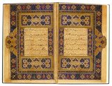 The Koran’s oldest illuminations were made by the famed illuminator Yari Mudhahhib, who was active under the late Timurids and early Safavids. The text was written in Naskh by the calligrapher Qasim Ali al-Hirawi in 1519. A Persian translation of the Koran’s Arabic text was added in red Nastaliq. The manuscript was once in the Qutb Shahis’ library in Golconda, but fell into the hands of the Great Mughals when Aurangzeb conquered Golconda in 1687.