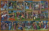 Top row (left to right): The Incarnation to Mary (The Annunciation); the Nativity; the Circumcision; the Adoration of the Magi; the Presentation of Jesus at The Temple in Jerusalem; Christ Enters Jerusalem on a Donkey.<br/><br/>

Middle row: The Last Supper; Jesus prays in the Garden of Gethsemane; the Betrayal by Judas Iscariot; Christ before Pontius Pilate; The Crown of Thorns placed on Christ's head; the Flagellation of Jesus.<br/><br/>

Bottom row: Christ Carries the Cross; the Crucifixion; the Lamentation; the Resurrection; the Ascension; the Descent of the Holy Ghost (depicted as a dove). 
