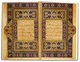The Koran’s oldest illuminations were made by the famed illuminator Yari Mudhahhib, who was active under the late Timurids and early Safavids. The text was written in Naskh by the calligrapher Qasim Ali al-Hirawi in 1519. A Persian translation of the Koran’s Arabic text was added in red Nastaliq. The manuscript was once in the Qutb Shahis’ library in Golconda, but fell into the hands of the Great Mughals when Aurangzeb conquered Golconda in 1687.